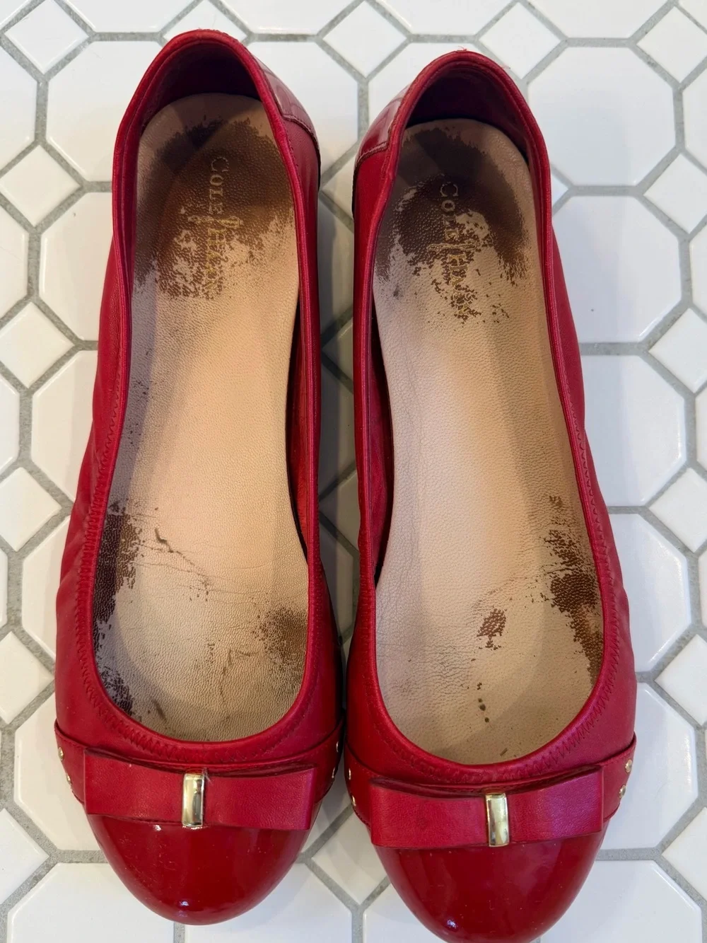 Cole Haan Red Patent Bow Flats with Gold Accent